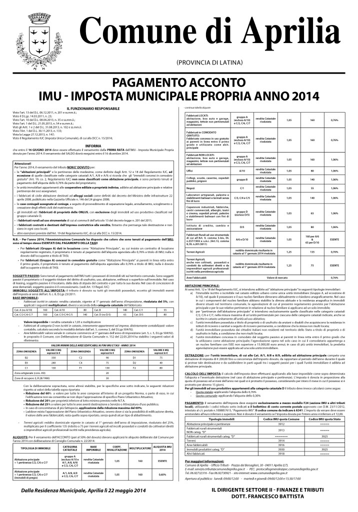 Versamento Prima Rata IMU, TARI E TASI | News Di Aprilia In Tempo Reale