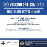 Vaccino Covid: da domani nel Lazio via a fascia d’età 51-48 anni.