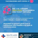 Regione Lazio: da mercoledì 2 a sabato 5 giugno Open Week Astrazeneca con ticket virtuale.