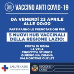 Regione Lazio: venerdi 23 aprile partono le prenotazioni per 5 nuovi hub vaccinali.